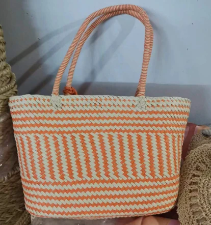 Tas Tote Besar Tenun Kertas Oranye & krem