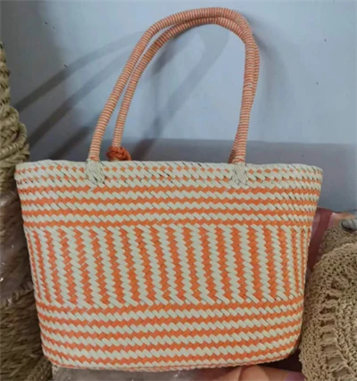 Tas Tote Besar Tenun Kertas Oranye & krem