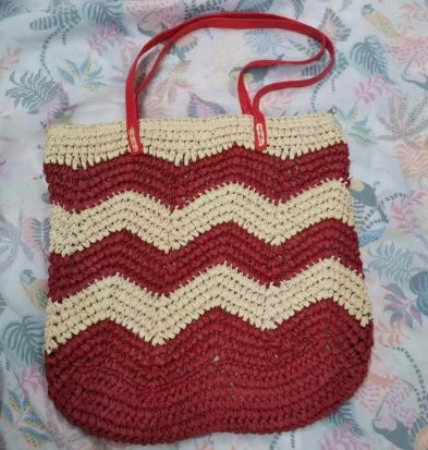 Kertas Red Wavy Rajut Wanita Tas Jerami